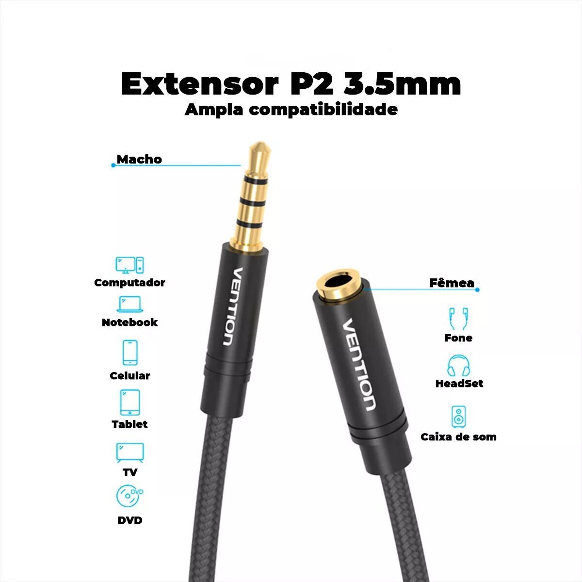 Аудіокабель подовжувач Vention Cotton Braided 3.5mm Audio Extension Cable 0.5M Black Metal Type