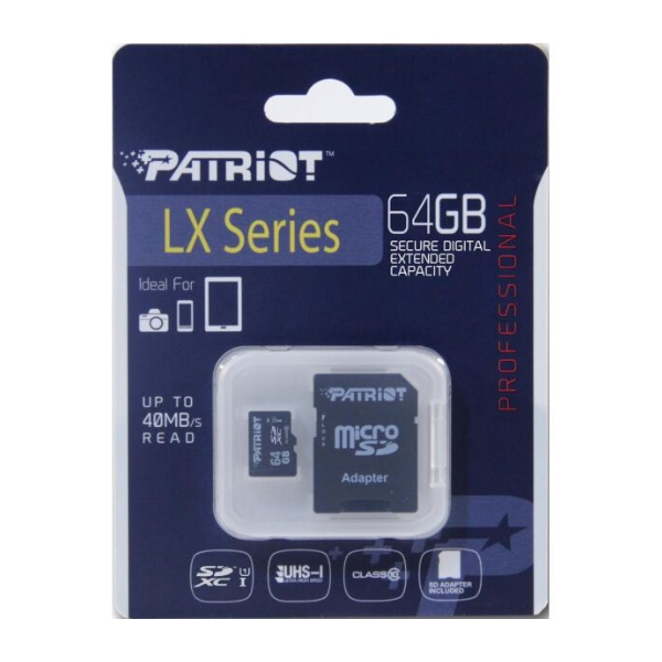 Карта памяти PATRIOT 64 GB microSDXC UHS-I + SD adapter PSF64GMCSDXC10