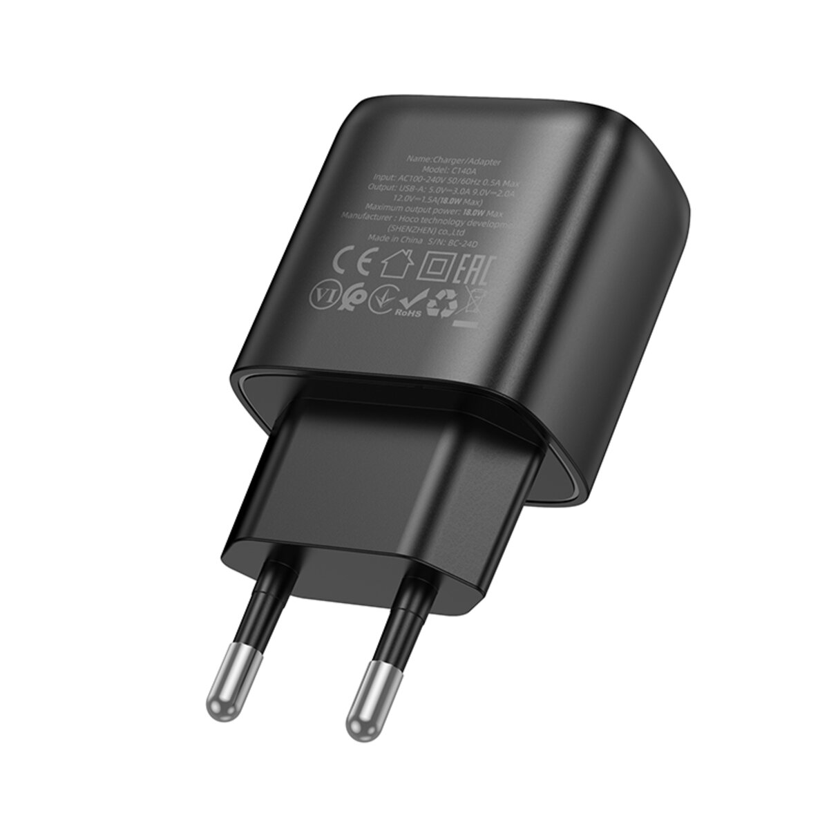 Мережевий зарядний пристрій HOCO C140A Smart single port QC3.0 charger(EU) Black