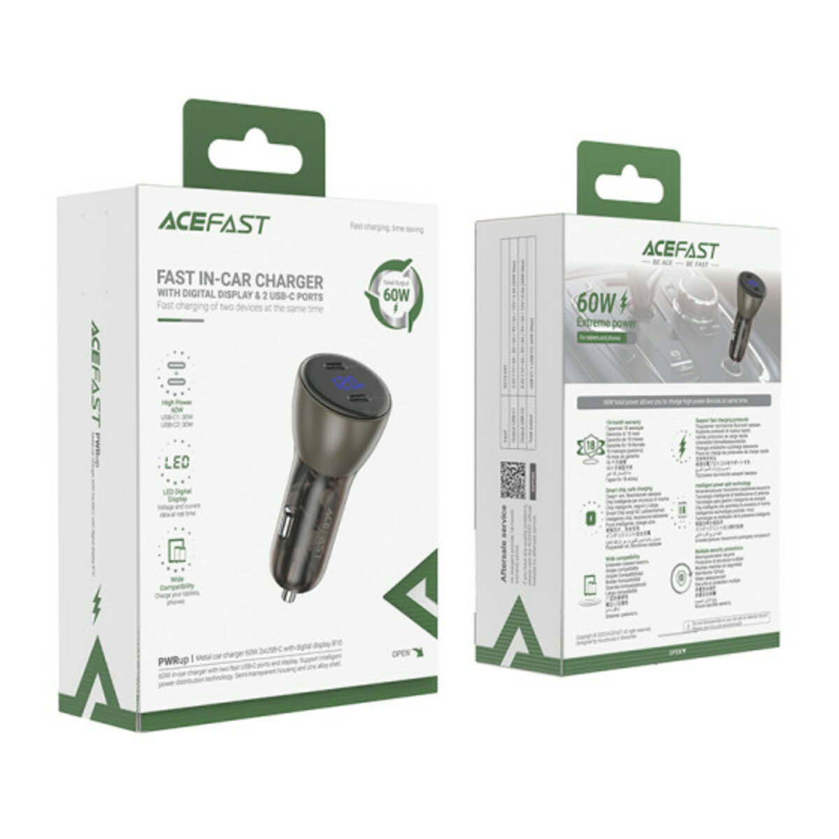 Автомобільний зарядний пристрій ACEFAST B10 metal car charger 60W (USB-C + USB-C) with digital display Black