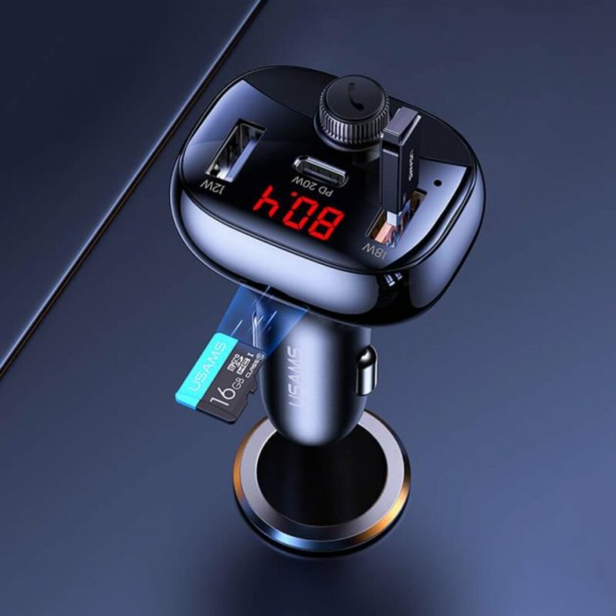 АЗП Usams US-CC143 C25 50W 2A+C 3 Ports Digital Display Wireless FM Car Charger Black