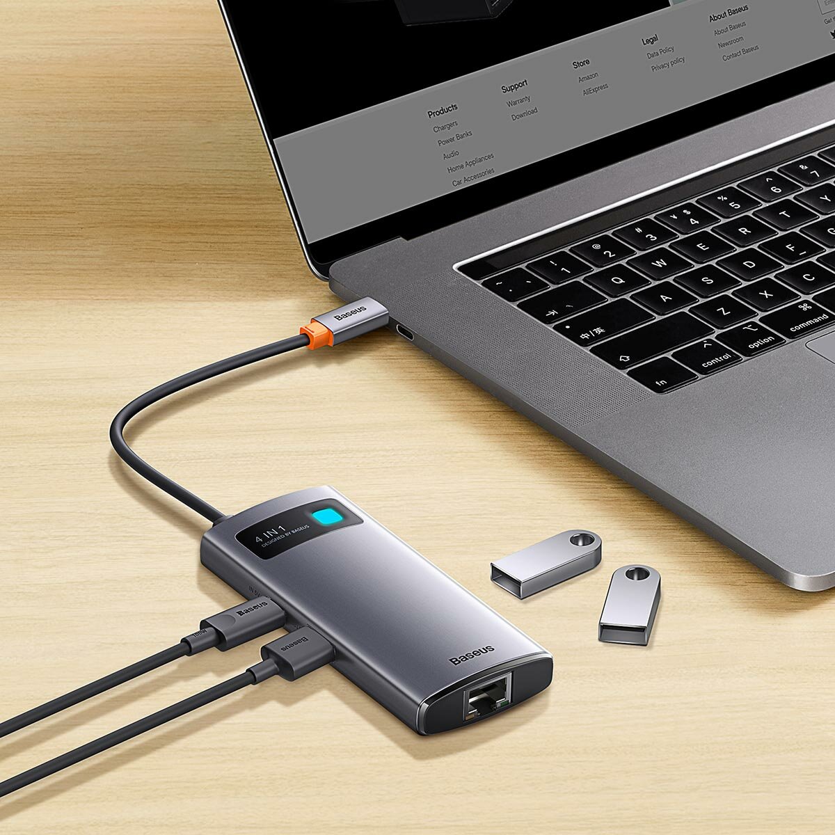 USB-хаб Baseus Metal Gleam Series 4-in-1 Multifunctional Type-C HUB Docking Station Gray （Type-C to USB3.0*3+RJ45*1）