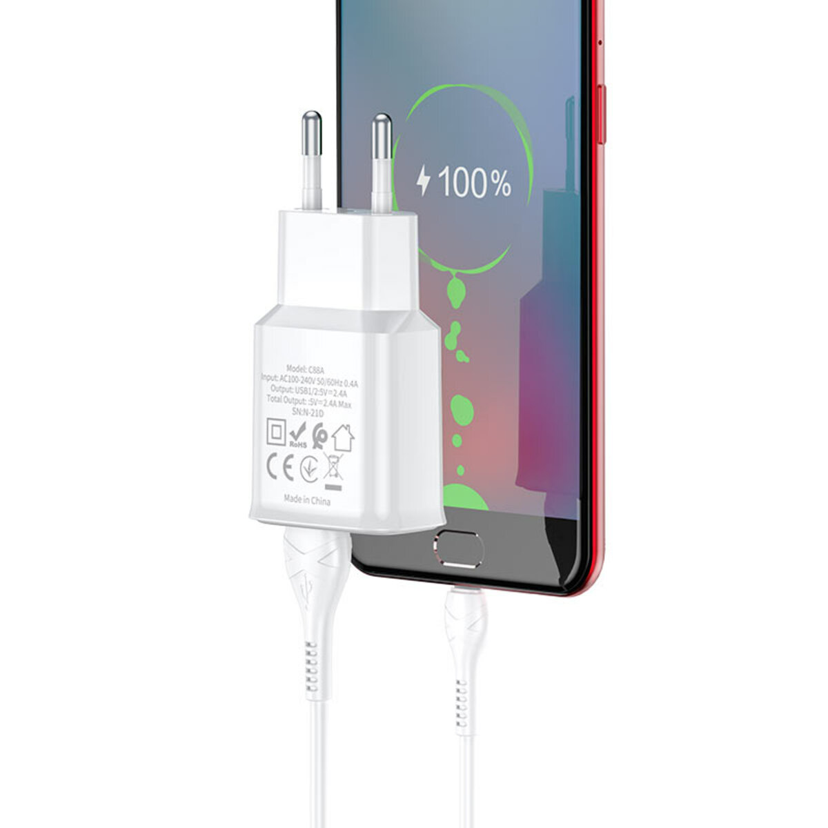 Мережевий зарядний пристрій HOCO C88A Star round dual port charger set(Type-C) 12W White