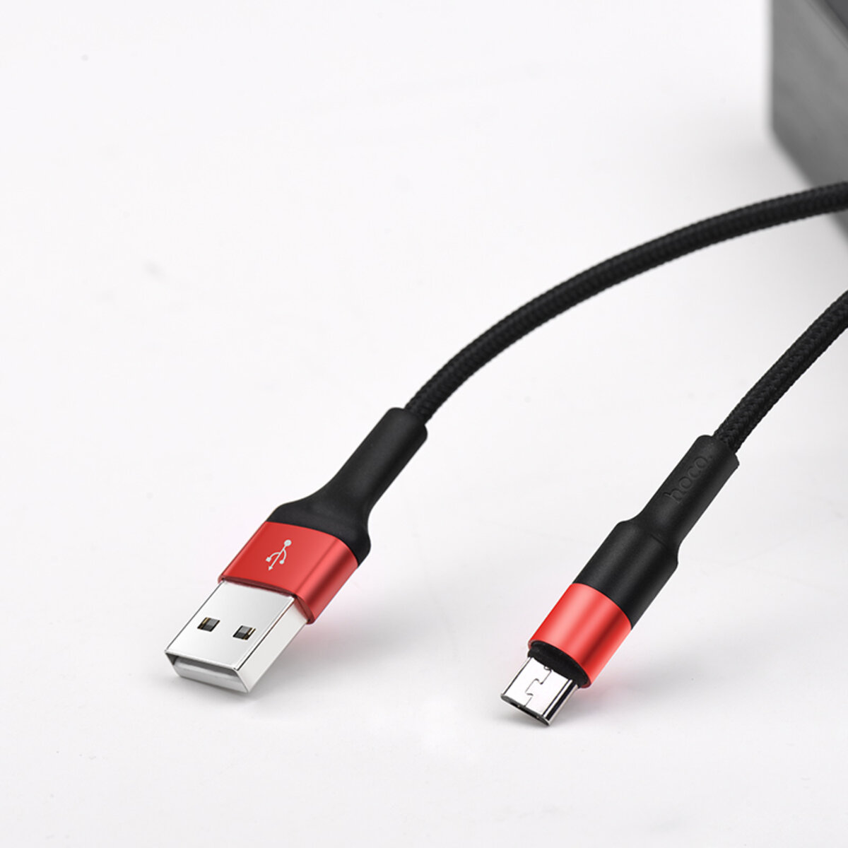 Кабель HOCO X26 USB to Micro 2A, 18W 1m, nylon,  aluminum connectors, Black+Red