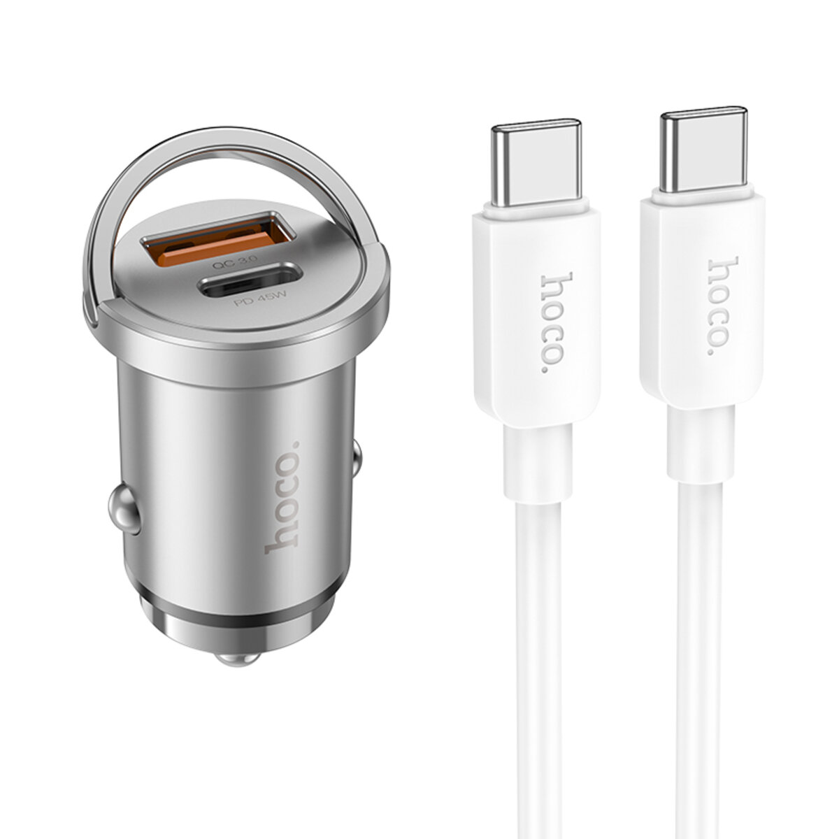 Автомобільний зарядний пристрій HOCO NZ10 Handy PD45W+QC3.0 car charger set(Type-C to Type-C) Silver