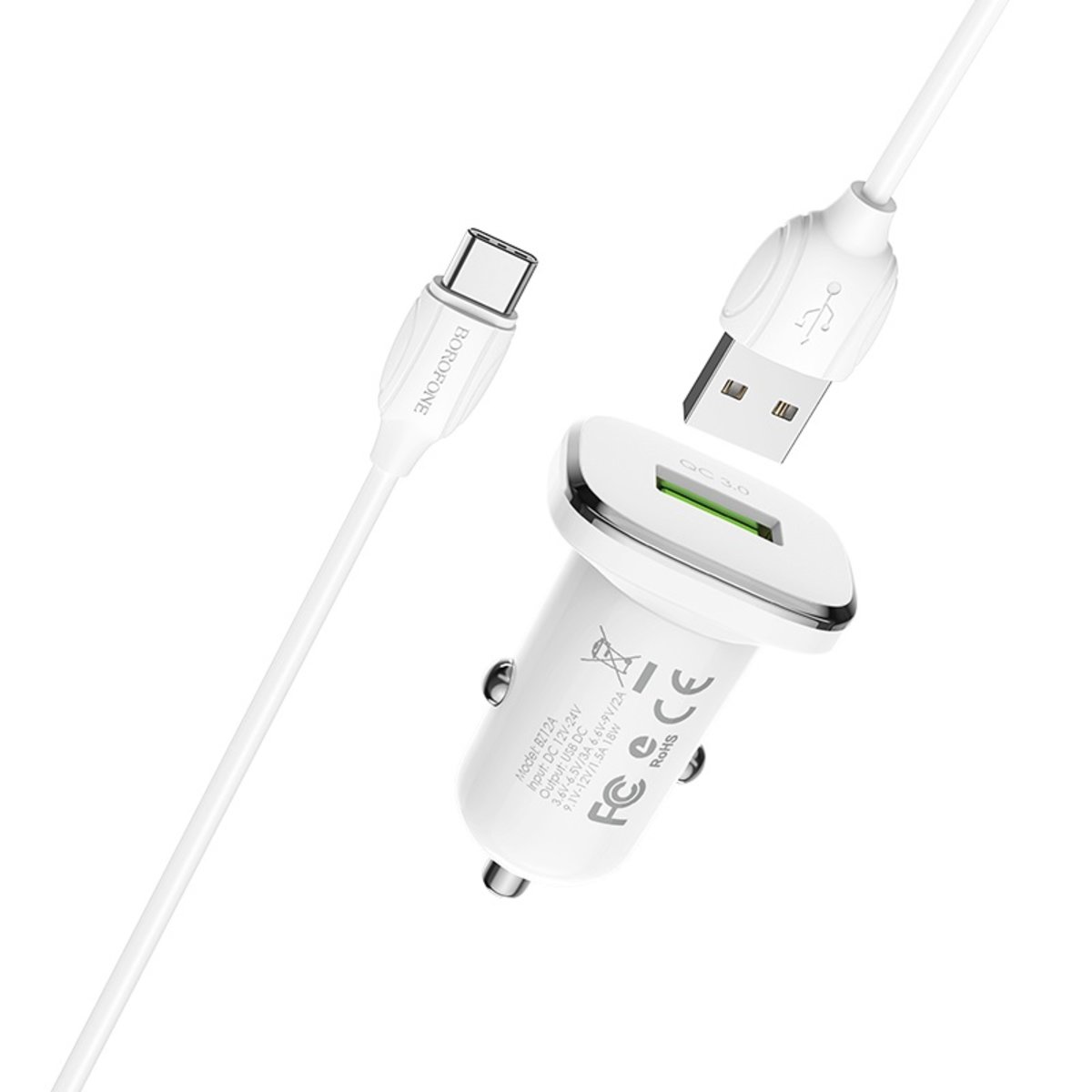 Автомобільний зарядний пристрій BOROFONE BZ12A single port QC3.0 with Micro-USB cable 18W White