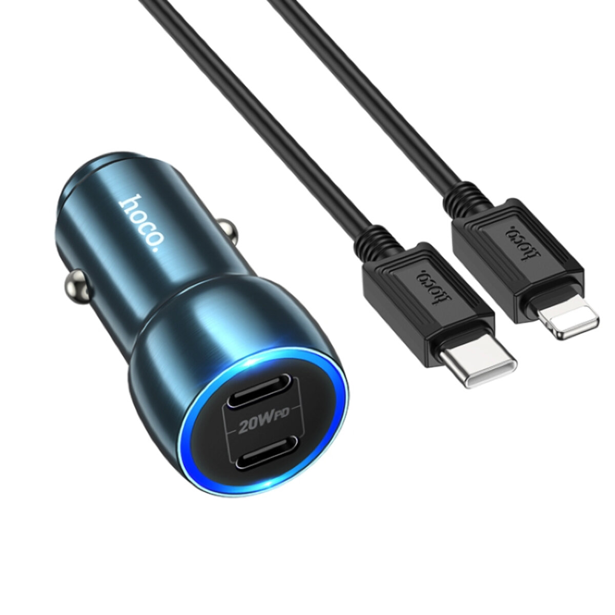 Автомобільний зарядний пристрій HOCO Z48 Tough 40W dual port(2C) car charger set(C to iP) Sapphire Blue