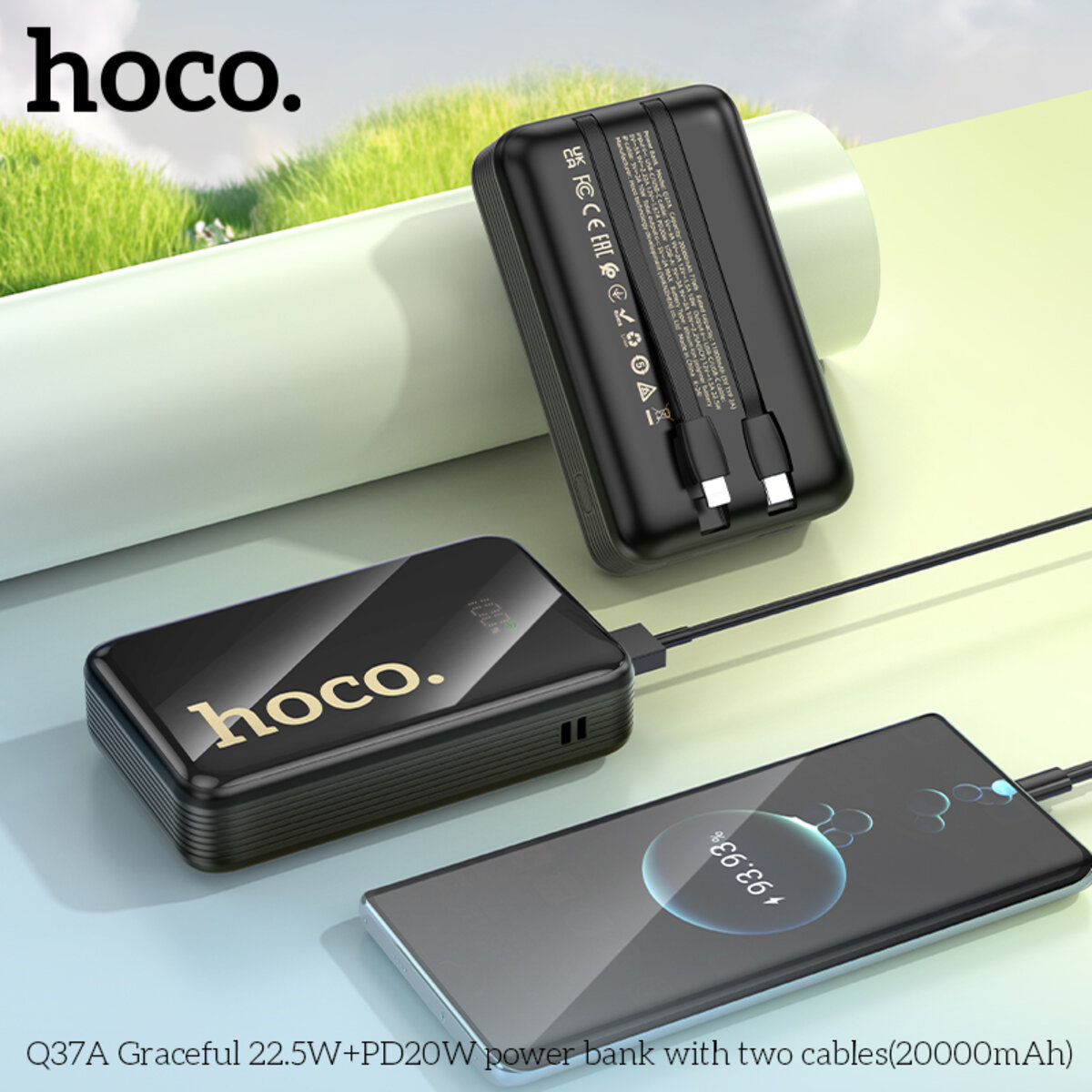 Зовнішній акумулятор HOCO Q37A Graceful 22.5W+PD20W power bank with two cables(20000mAh) Black
