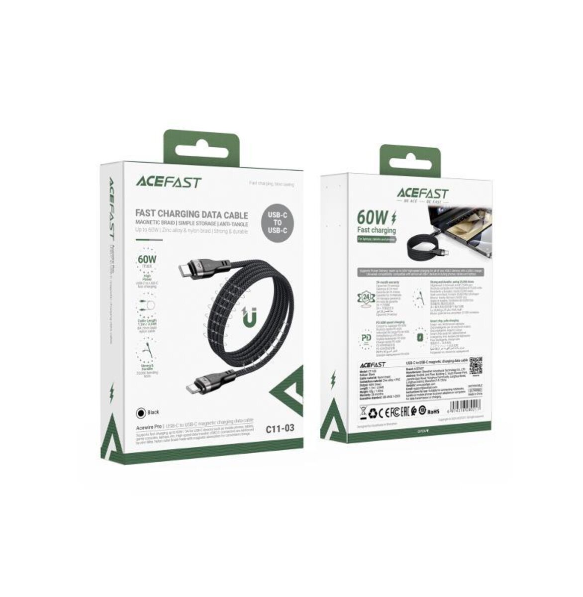 Кабель ACEFAST C11-03 Type-C to Type-C 3A, 60W, 1.2m, nylon + PVC, zinc connectors, Black