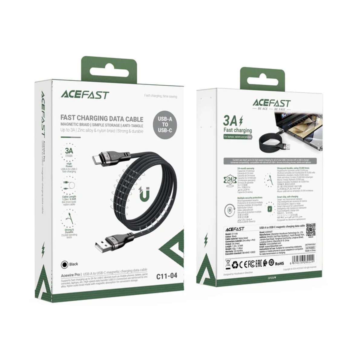 Кабель ACEFAST C11-04 USB to Type-C 3A, 1.2m, nylon + PVC, zinc connectors, Black