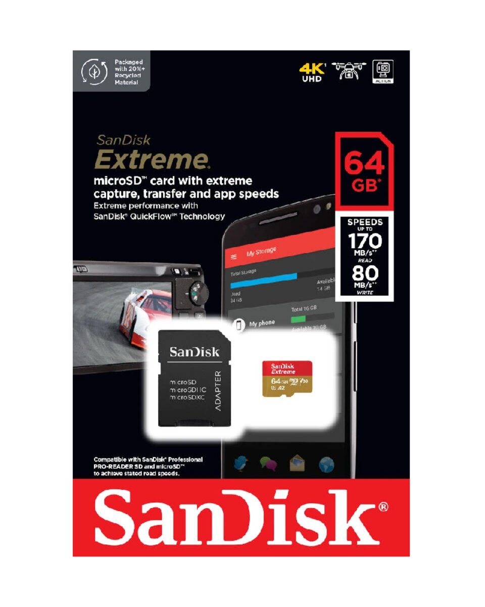 Карта пам'яті microSDXC (UHS-1 U3) SanDisk Extreme A2 64Gb class 10 V30 (R170MB/s,W80MB/s) (adapter SD)