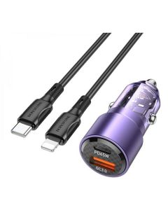 Автомобільний зарядний пристрій BOROFONE BZ20A Smart 83W dual port PD65W+QC3.0 car charger set(C to iP) Transparent Purple