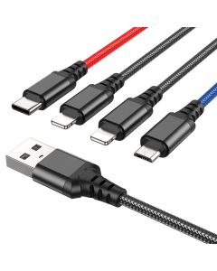 Кабель HOCO X76 USB to iP+iP+Type-C+Micro 2A, 1m, nylon, aluminum connectors Black+Red+Blue