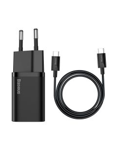Мережевий зарядний пристрій Baseus Super Si Quick Charger 1C 25W EU Sets Black（With Mini White Cable Type-C to Type-C 3A 1m Black）