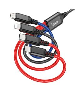 Кабель HOCO X76 USB to iP+Type-C+Type-C+Micro 2A, 1m, nylon, aluminum connectors Black+Red+Blue