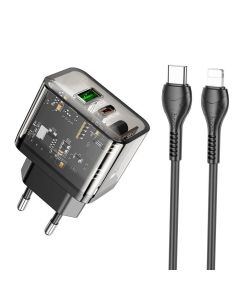 Мережевий зарядний пристрій HOCO N34 Dazzling dual-port PD20W+QC3.0 charger set(C to iP) Transparent Black