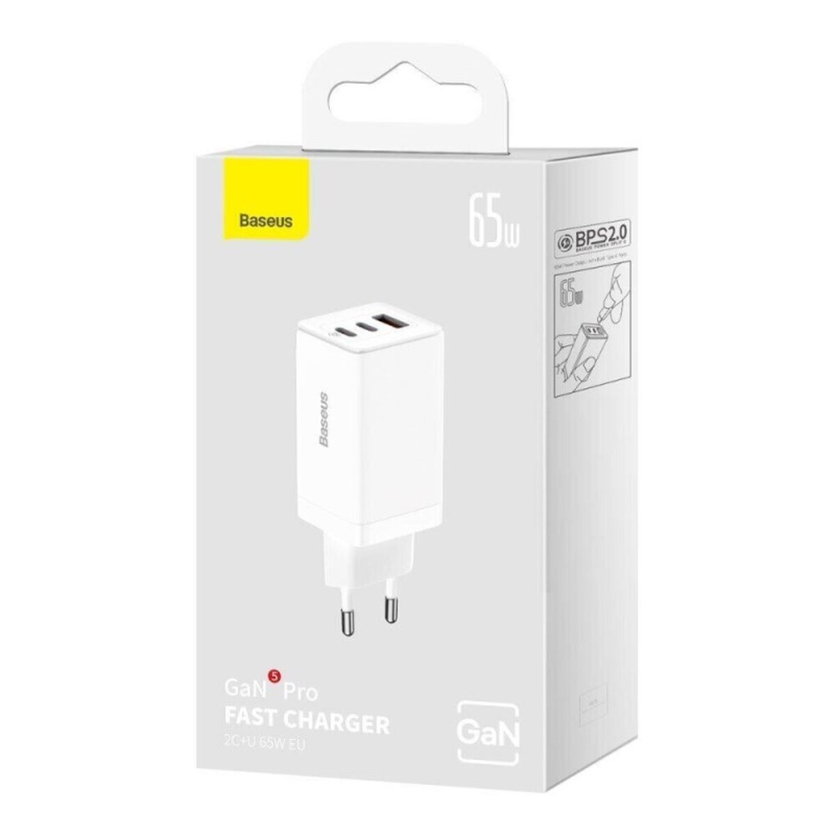 Мережевий зарядний пристрій Baseus GaN5 Pro Fast Charger 2C+U 65W EU White(Include:Baseus Xiaobai series fast charging Cable Type-C to Type-C 100W(