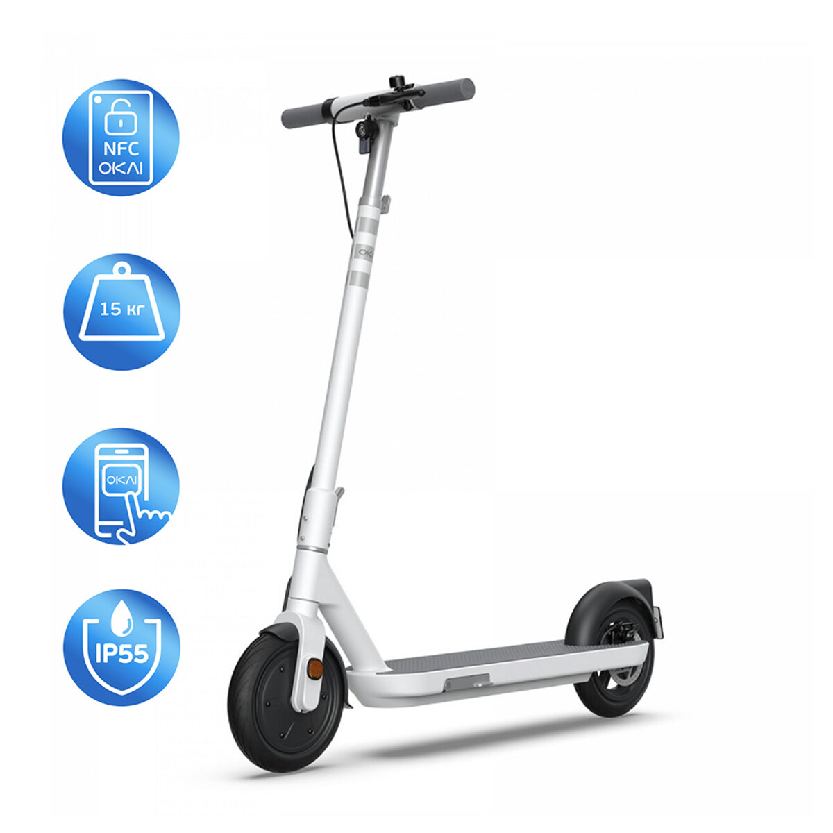Електросамокат OKAI ES10-NEON Lite White 9", 300(600)W, 7.8Ah, 30km, 25kmh, 20%, NFC, App, 15kg