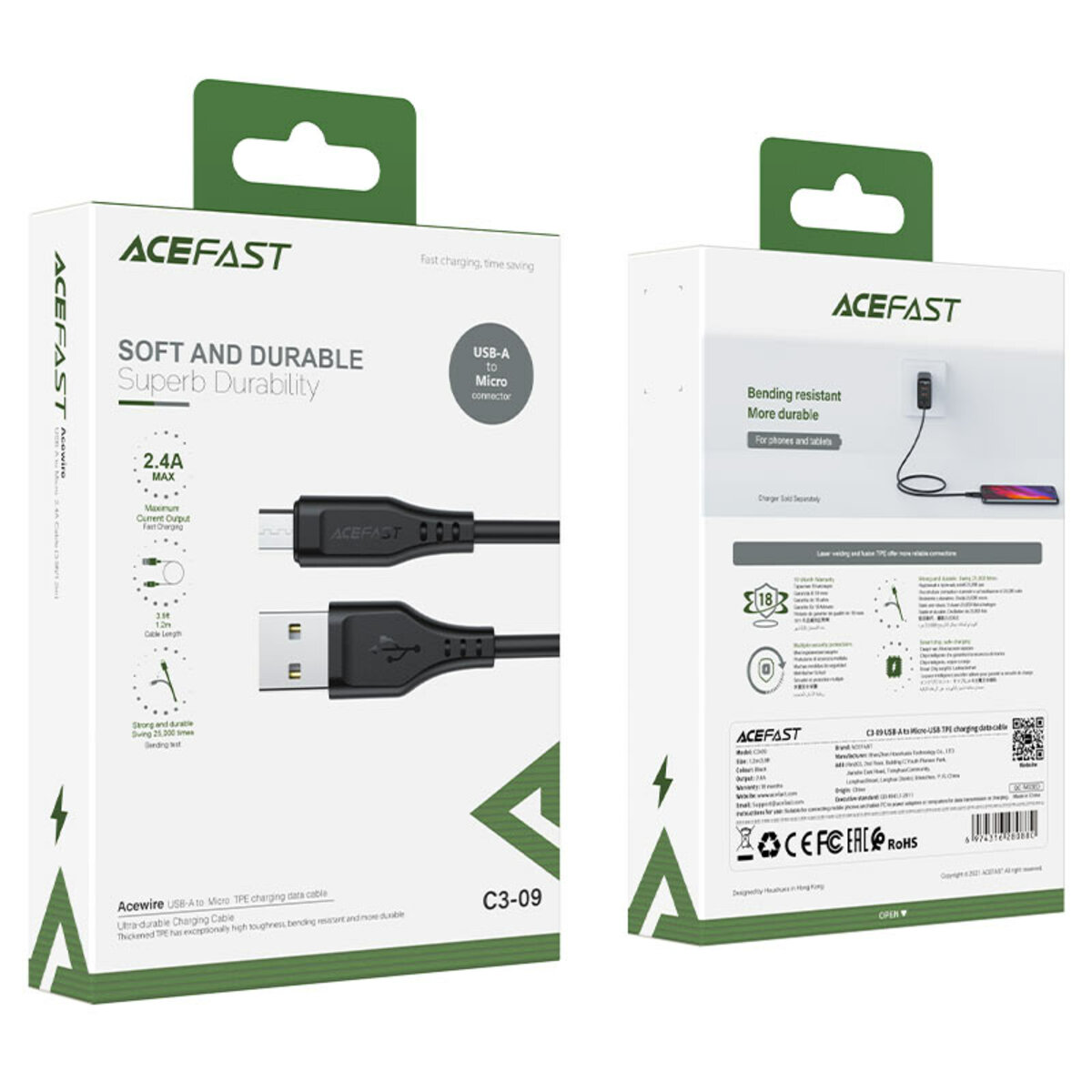 Кабель ACEFAST C3-09 USB to Micro 2,4A, 1.2m, TPE, TPE connectors, Black