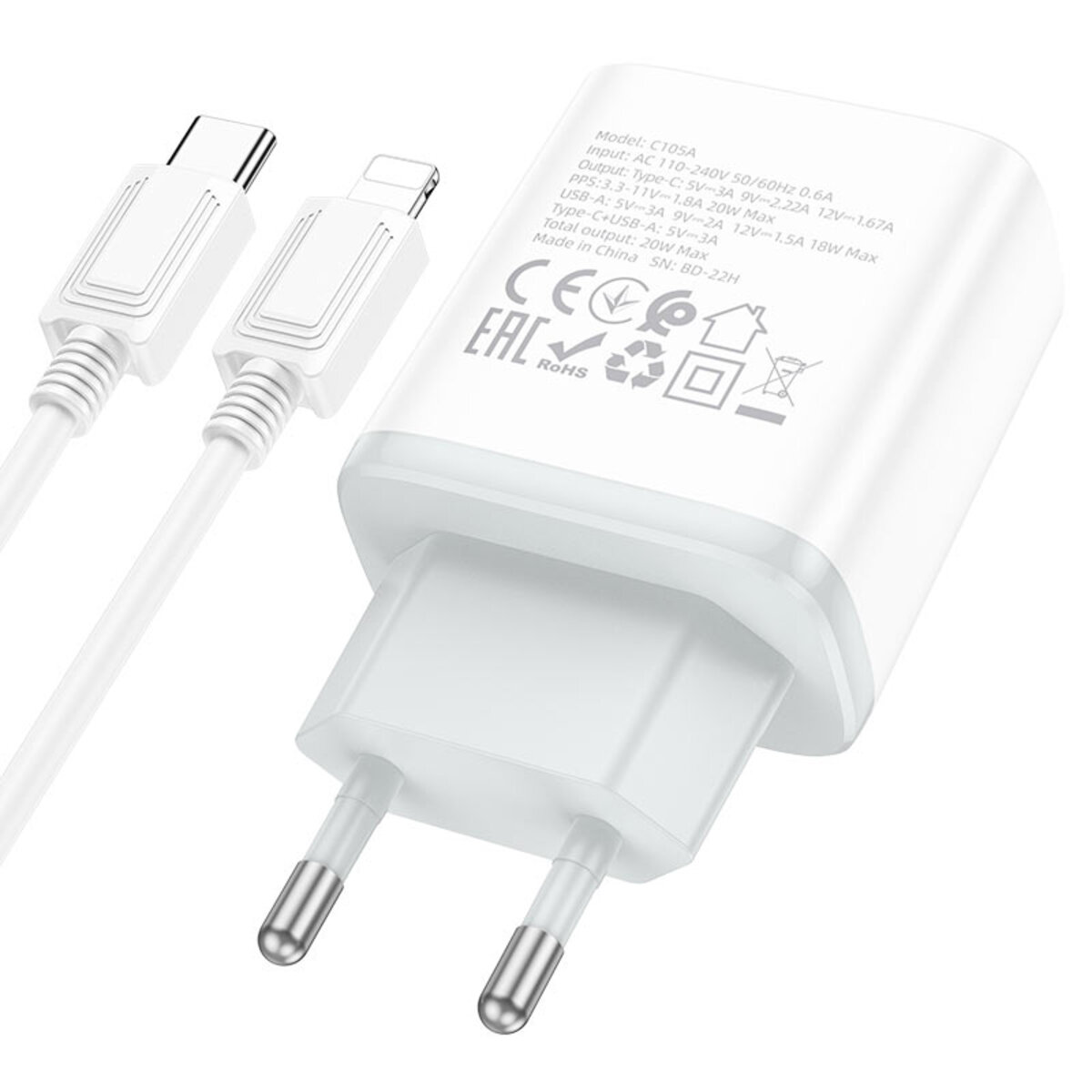 Мережевий зарядний пристрій HOCO C105A Stage dual port PD20W+QC3.0 charger set (C to iP)(EU) White