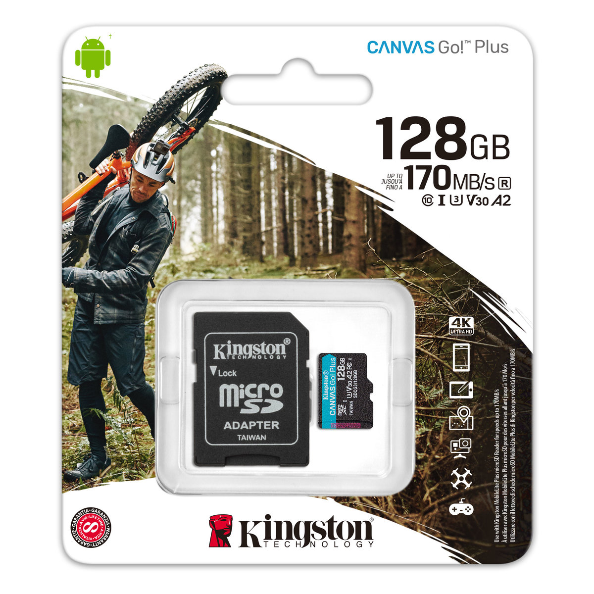 Карта пам'яті microSDXC (UHS-1 U3) Kingston Canvas Go Plus 128Gb class 10 A2 V30 (R170MB/s, W90MB/s) (adapter SD)