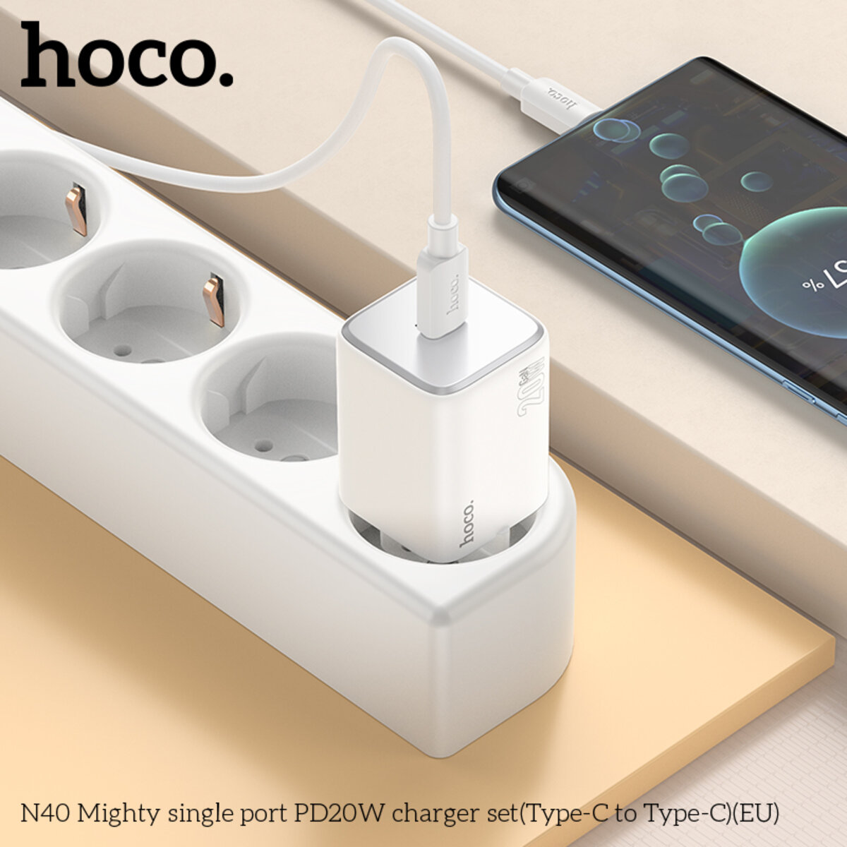 Мережевий зарядний пристрій HOCO N40 Mighty single port PD20W charger set(Type-C to Type-C) White