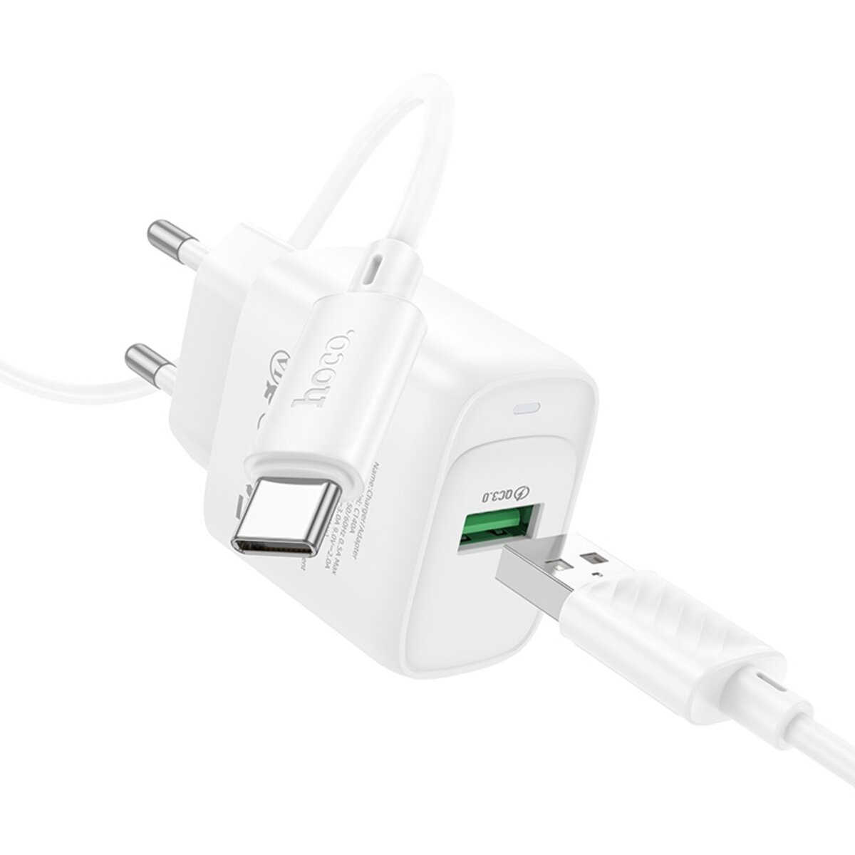 Мережевий зарядний пристрій HOCO C140A Smart single port QC3.0 charger set (Type-C)(EU) White