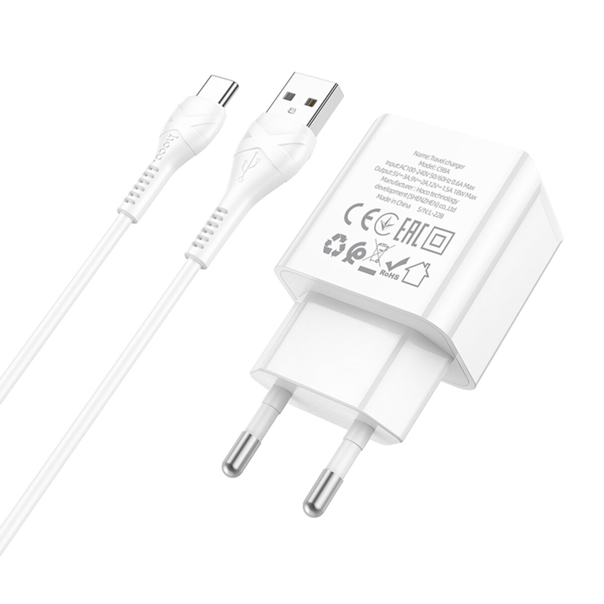 Мережевий зарядний пристрій HOCO C98A Proton single port QC3.0 charger set(Type-C) White