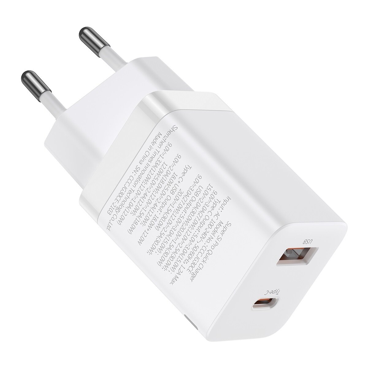 Мережевий зарядний пристрій Baseus Super Si Pro Quick Charger C+U 30W EU White