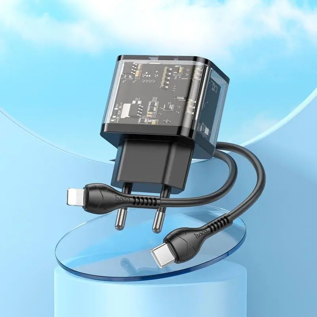Мережевий зарядний пристрій HOCO N34 Dazzling dual-port PD20W+QC3.0 charger set(C to iP) Transparent Black