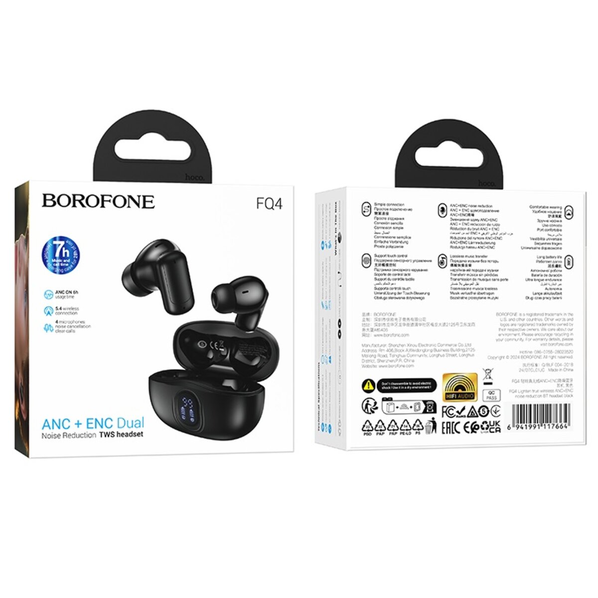 Бездротові навушники BOROFONE FQ4 Lighten true wireless ANC+ENC noise reduction BT headset Black