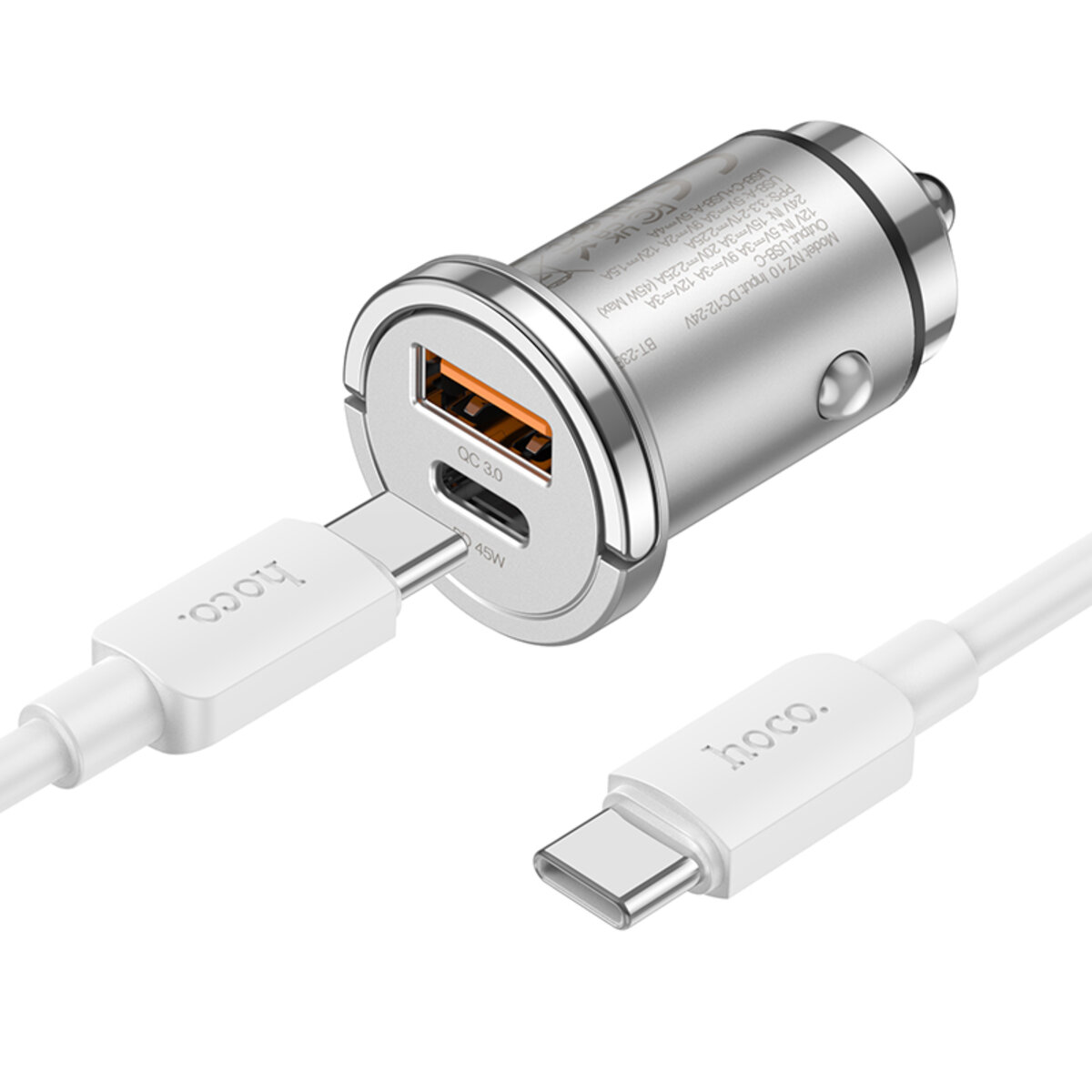 Автомобільний зарядний пристрій HOCO NZ10 Handy PD45W+QC3.0 car charger set(Type-C to Type-C) Silver