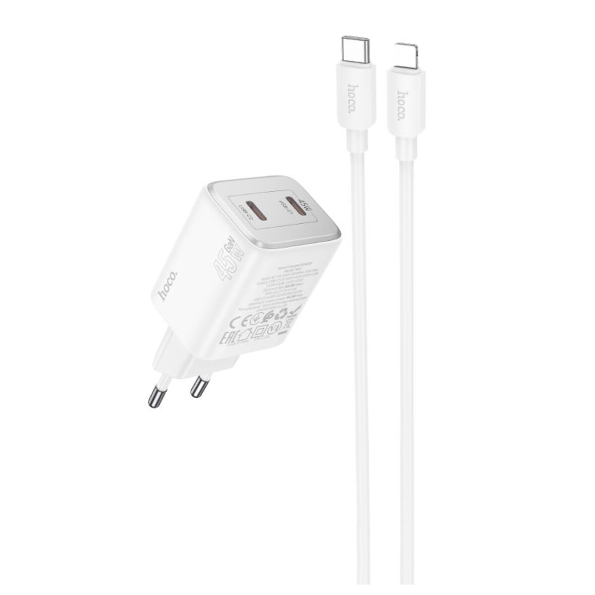 Мережевий зарядний пристрій HOCO N42 Elogiado dual-port PD45W(2C) charger set(C to iP) White