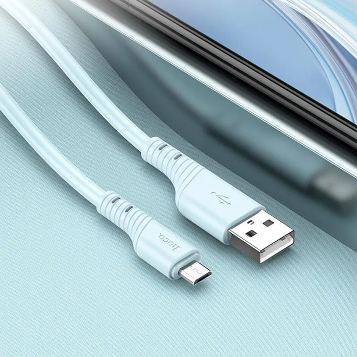 Кабель HOCO X97 Crystal color silicone charging data cable Micro light blue