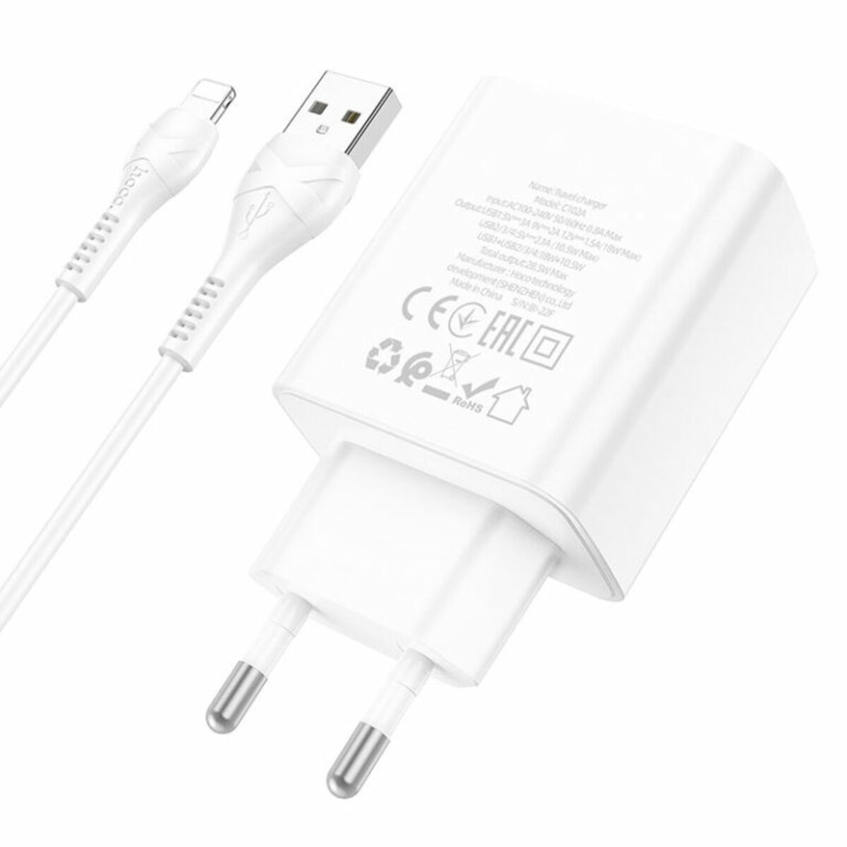 Мережевий зарядний пристрій HOCO C102A Fuerza QC3.0 four-port charger set(iP) 18W White