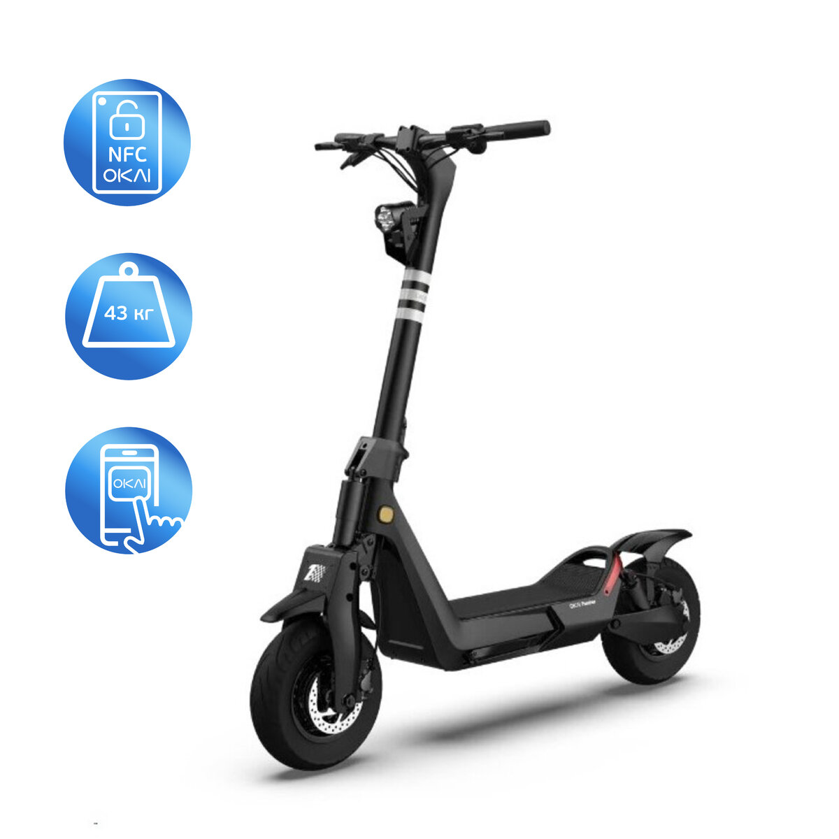 Електросамокат OKAI ES800 Panther Off-Road Black 12", 1500(3000)W, Dual Motor, 19.2Ah, 50km, 60kmh, 35%, NFC, App, 43kg