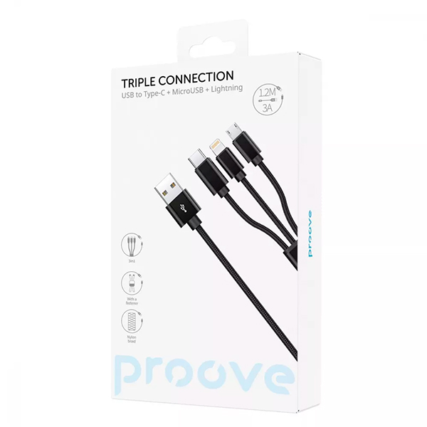 Кабель Proove Triple Connection 3 in 1 Type-C + Micro USB + Lightning 1.2m Black