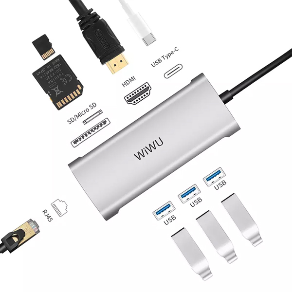 USB-хаб WIWU Adapter Alpha 831HRT USB-C to 3xUSB3.0+HDMI+RJ45+USB-C+SD+TF Card Grey