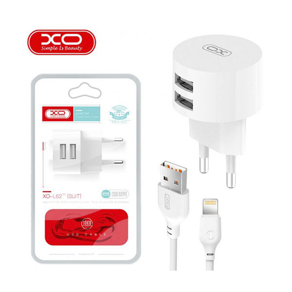 СЗУ XO L62 2USB 2.4A + Lightning Cable White