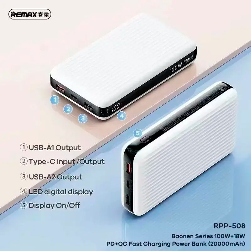 Внешний аккумулятор Remax RPP-508 Baonen Series 100W+18W PD+QC Fast Charging 20000mAh