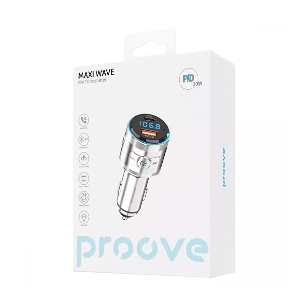 FM-модулятор Proove Maxi Wave 30W (PD+QC3.0) Type-C+USB Silver