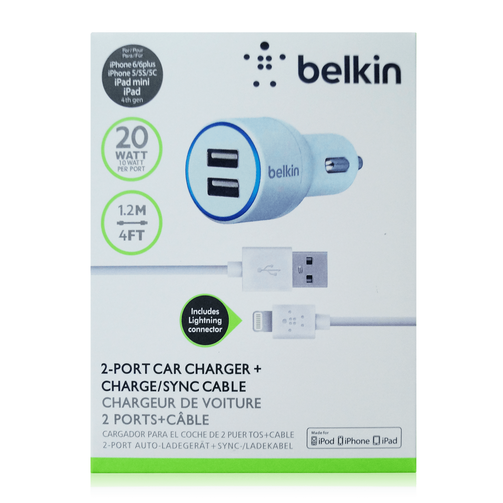 АЗУ Belkin iPhone 5/5S 2.1A+2.1A 2in1 (AЗУ+USB Cable) White